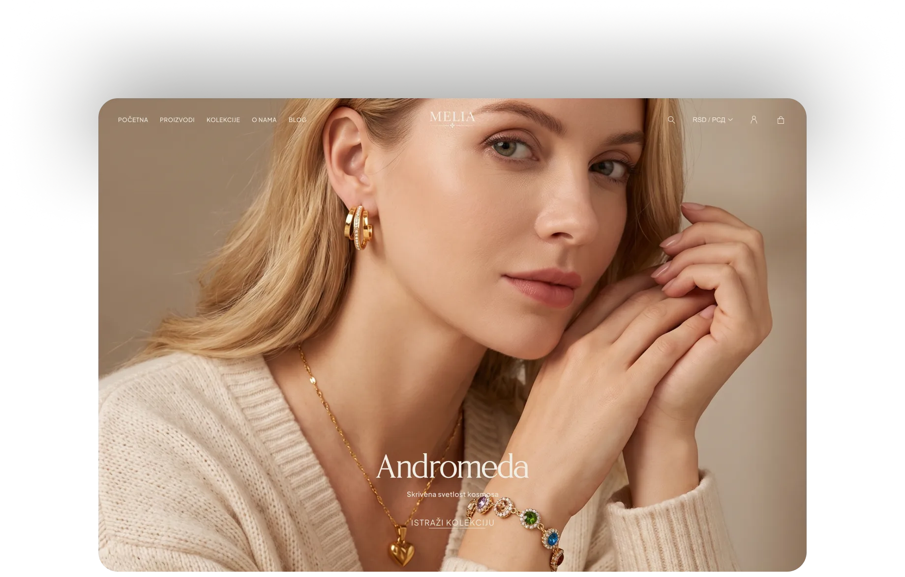 Melia Jewelry — početna stranica webshopa sa kolekcijom Andromeda