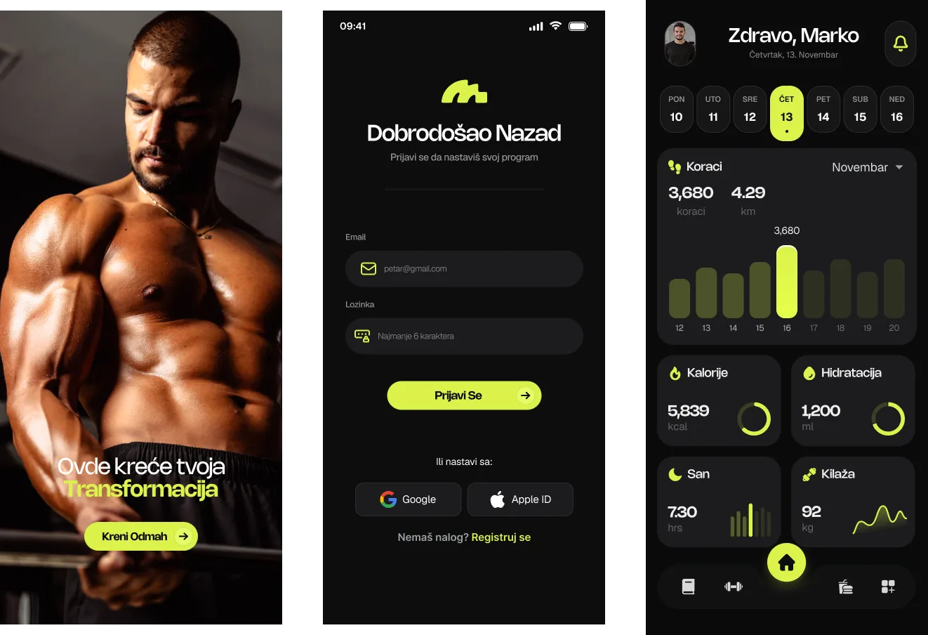 MS Coaching — ekrani fitness aplikacije: uvod, prijava i kontrolna tabla